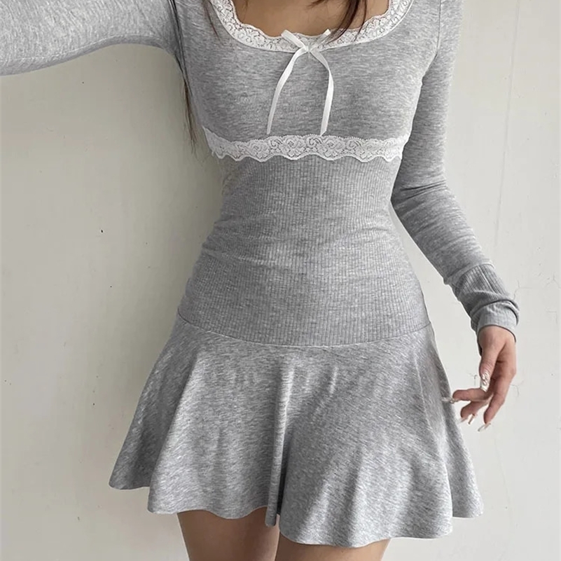 IAMSURE Sweet Patchwork Lace A-Line Dress Casual Basic Square Collar Long Sleeve Mini Dresses For Women Autumn Spring Lady 250107