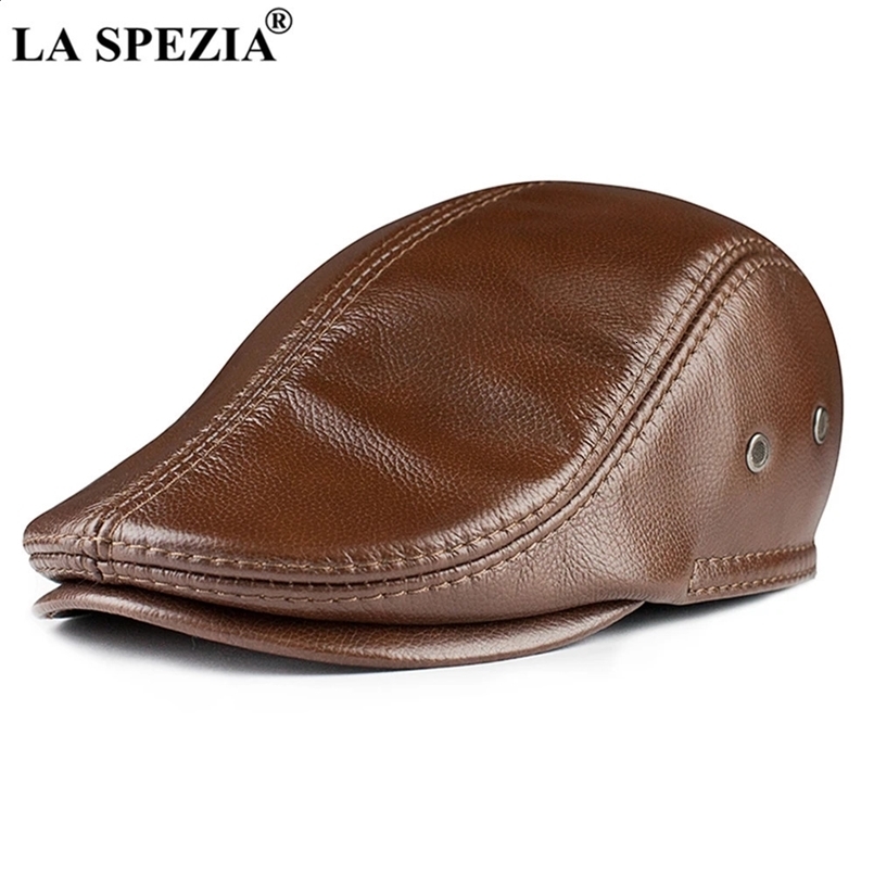 La Spezia Cowskin Mens Beret Real Leather Capeur plate Flat Brown Earfaps chauds d'hiver d'automne Ivy Hat Sboy 241226