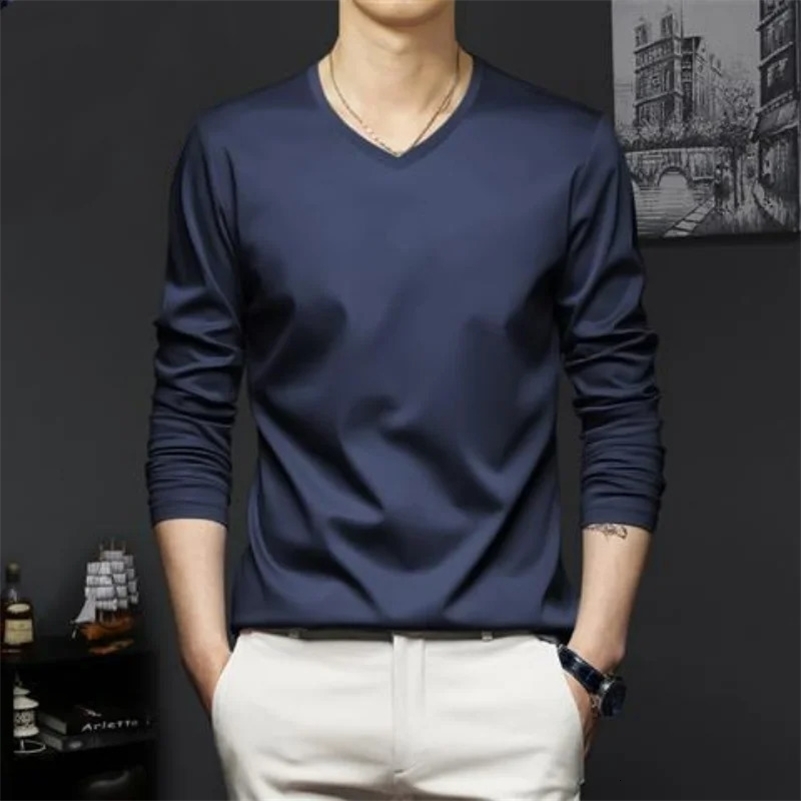 Autumn Promotion Ice Silk T-shirt Mens Korean Casual Versatile Solid Long Sleeve V-Neck Fashion Slim Thin Top 250328