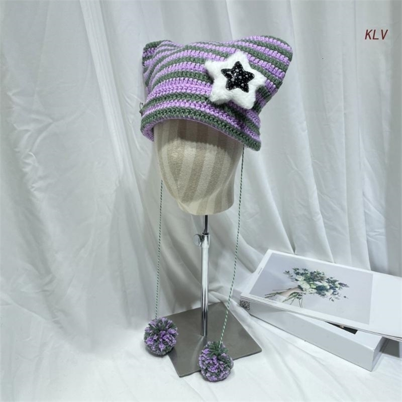 Beanie Skull Caps Y2K Gothic Knitted Ear Hat Harajuku Little Devil Striped Women Windproof Winter Handmade Beanie Female Hats 230831bj