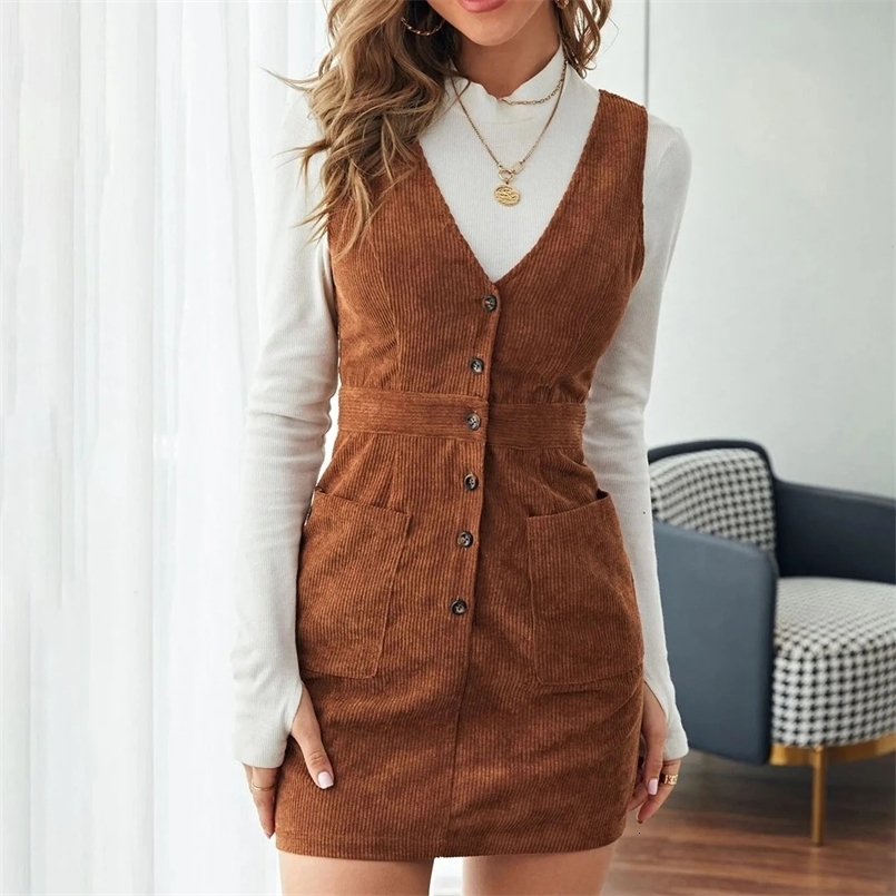 Dresses On Offer Liquidation V Neck Sleeveless Corduroy Button Pinafore Overall Mini Dress WomenS Corduroy Strap Waist Up Dress 250507