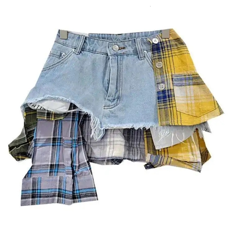 DEAT Womens Denim Leather Colorful Checkered Splicing Work Irregular Deconstruction A-line High Waist Mini Skirt 2025 Summer Fashion250425bj