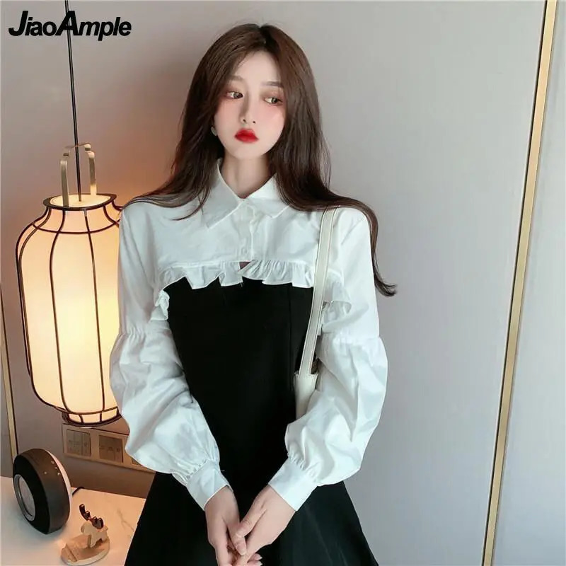 Womens Korean Fashion 2 Pieces Dress Set Spring Summer Sweet Ruffles Long Sleeve Shirt Black Sling Mini Dresses 2024 Trendy 250922