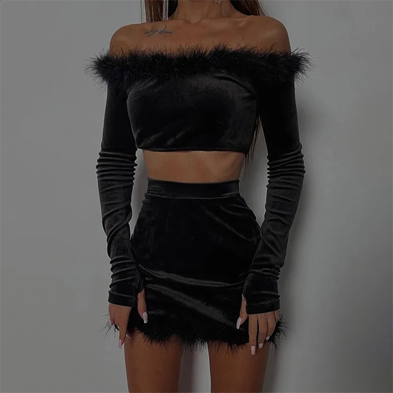 BoozRey Autumn Sexy Velvet Back One-shoulder Mini Skirt Set Women Solid Long Sleeve Top Feathers Skirt Elegant Party Club Wear 250113
