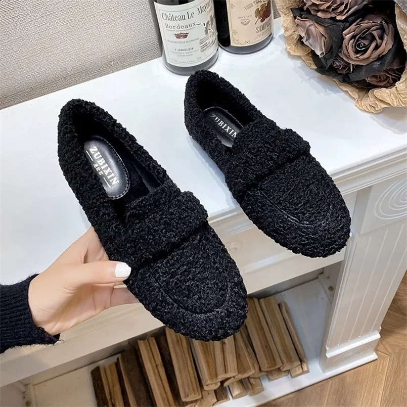Plus Size Women Shearling Flats Furry Lambswool Mocasines Mujer Warm Cotton Shoes Ladies Slip On Sheep Fur Lined Loafers Winter 250122