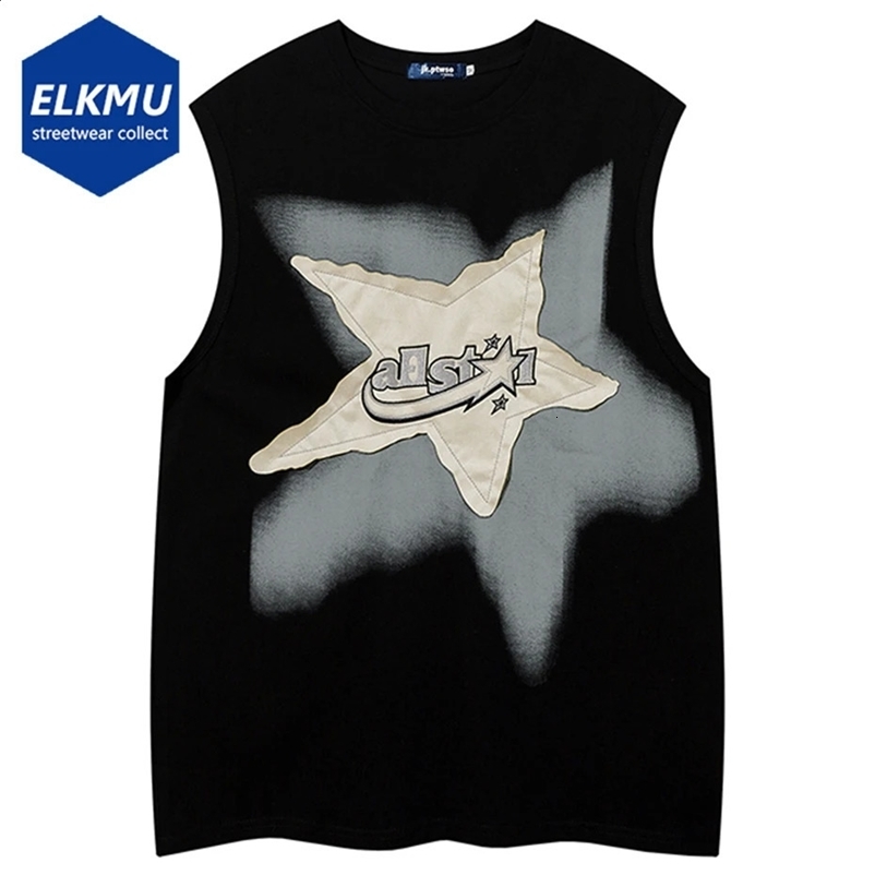 Super vest star patch work Y2K top mens Harajuku street clothing vest fashion casual loose cotton hip-hop vest black 250214