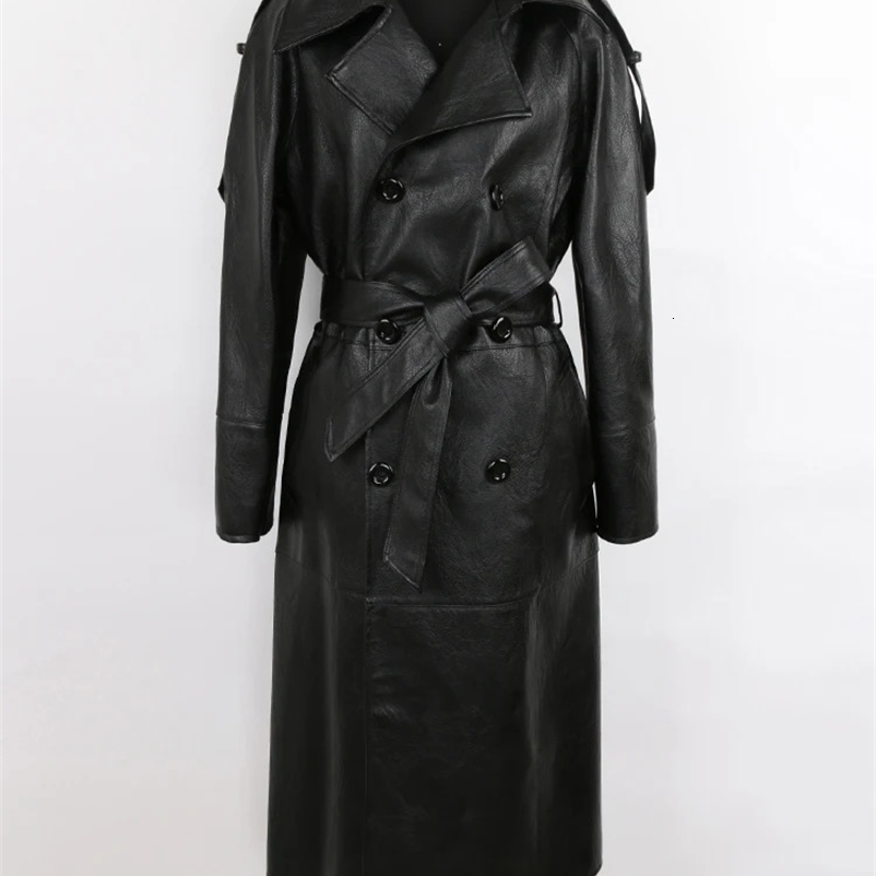 Sapphire Spring Autumn Long Waterproof Black Pu Leather Trench Coat Mens Belt Double Chest Elegant Fashion Clothing 240816bj