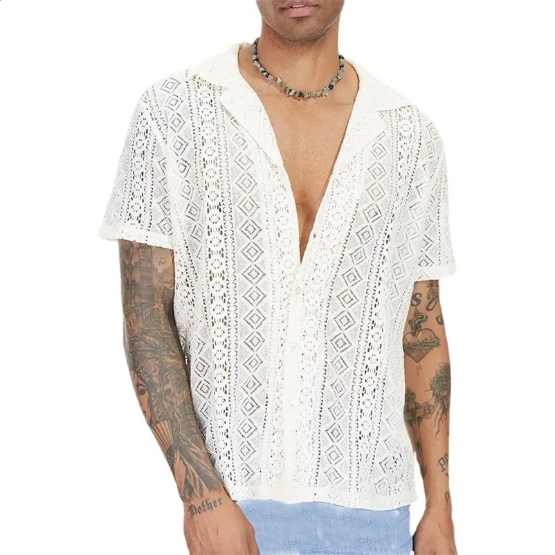 Transparent mens summer top with a hollow collar cardigan and short sleeved shirt. Wear a loose and breathable mens T-shirt every day 250425