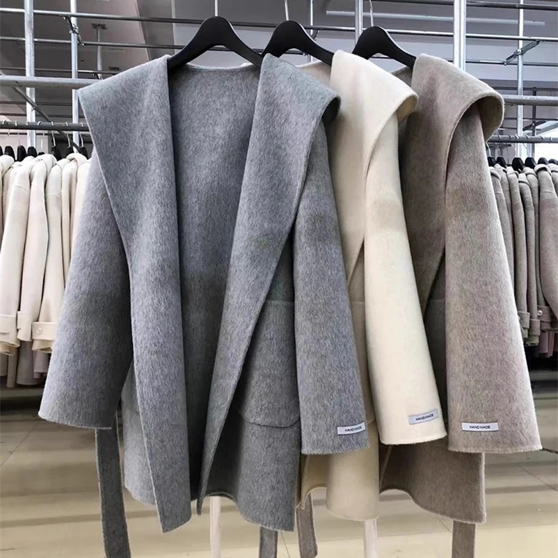 Hooded medium long double-sided 100% wool coat womens loose winter jacket 2024 240824bj