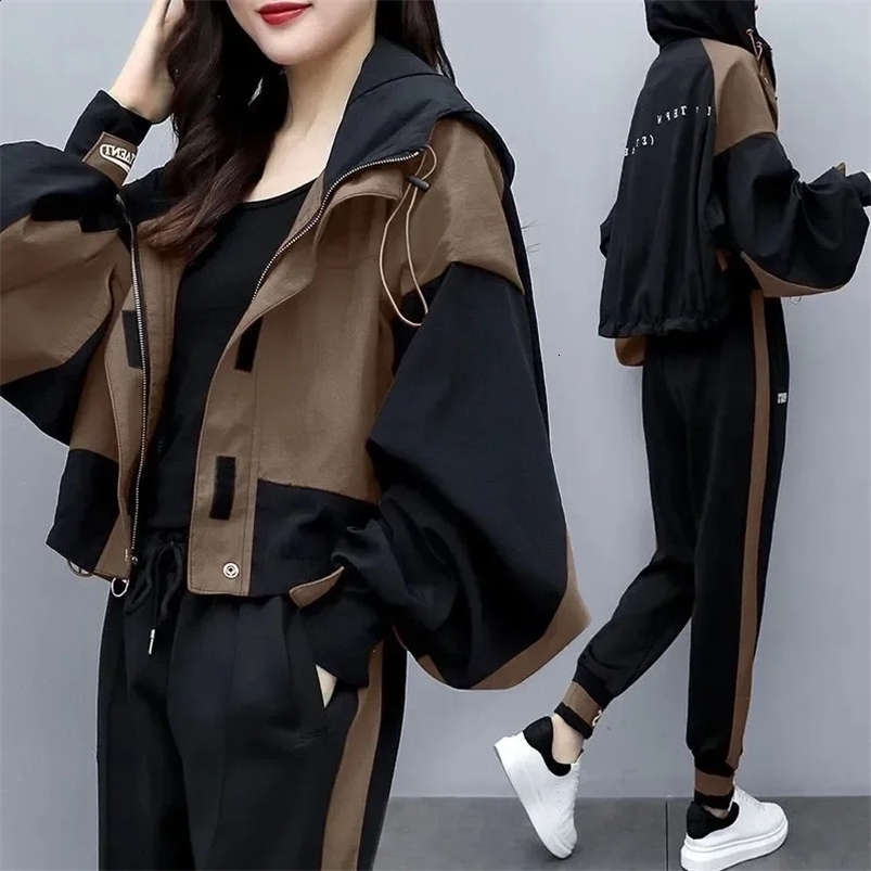 Womens Tracksuit Korean Elegant Hoodie Zipper Jacket Coat Sport Pants Two Piece Suit Spring Autumn in Matching Set 240820