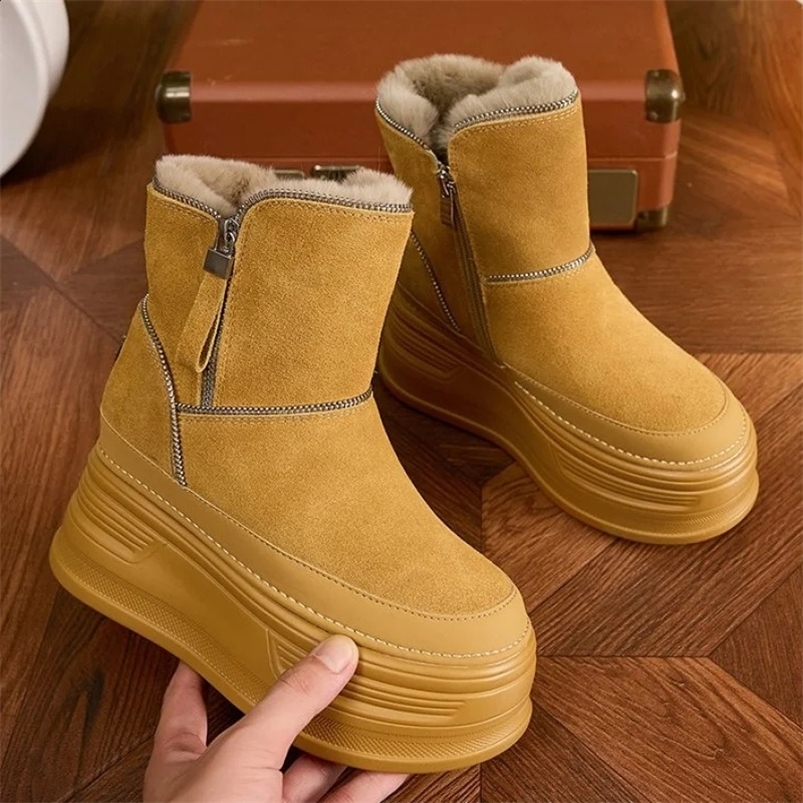 Winter black suede leather plush fur warm platform WOMENS snow boots high top chunky ladies 9cm high heel shoes Botas Mujer 241227
