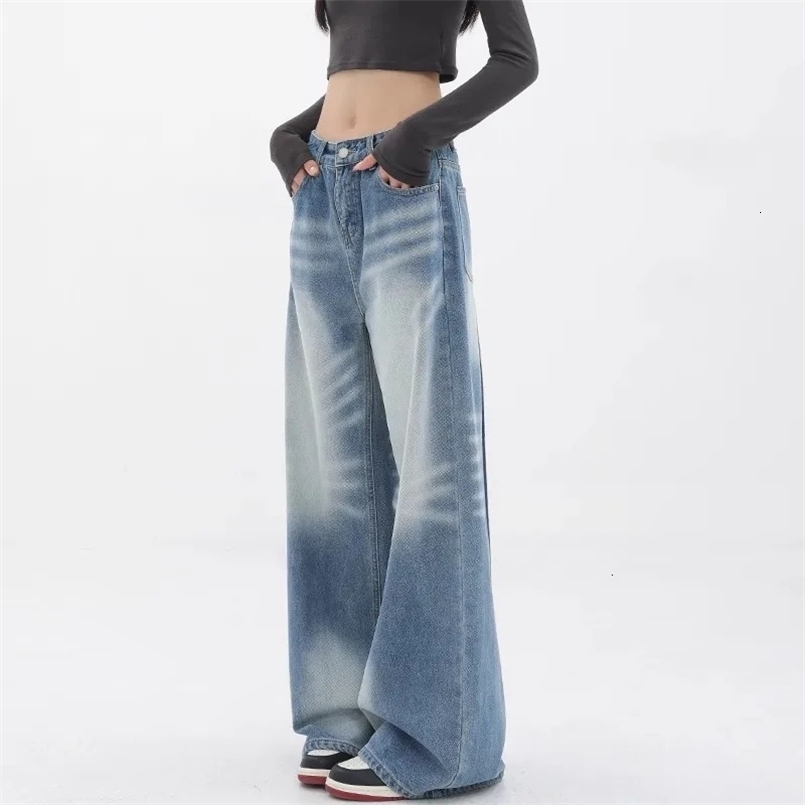 2000S American Retro High Waist Oversized Jeans Womens Casual Baggy Washed 90S Jeans Y2K Fashion Wide Leg Denim Trousers 250303