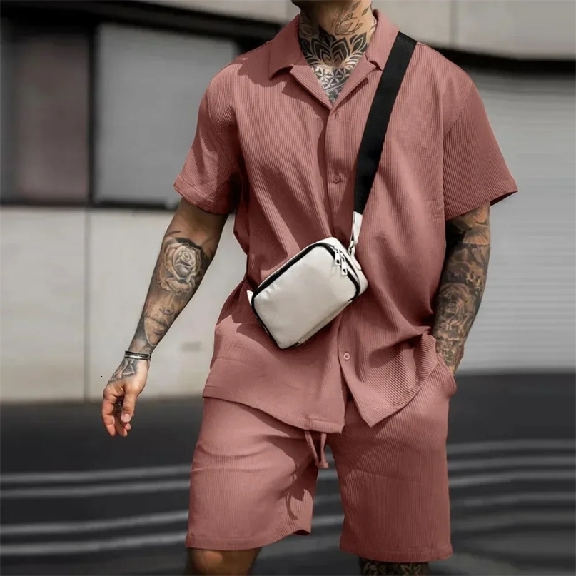 2024 Summer Solid Casual Losse Mens Sets Soft Single Breasted Shirts Shorts 2 Pieces Sets for Men Fashoin Polo Sweatpants Suit 250113
