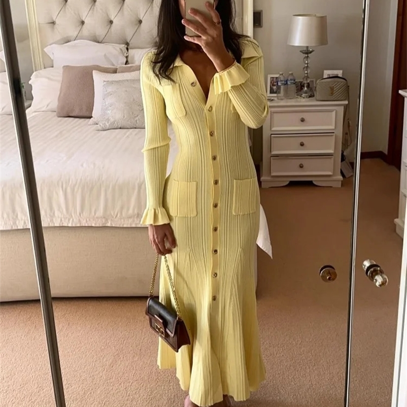 Elegant Yellow Single Breast Split Knit Long Dress Women Chic Flare Sleeves Ruffle Hem Dresses Office Lady Party Robe 240828