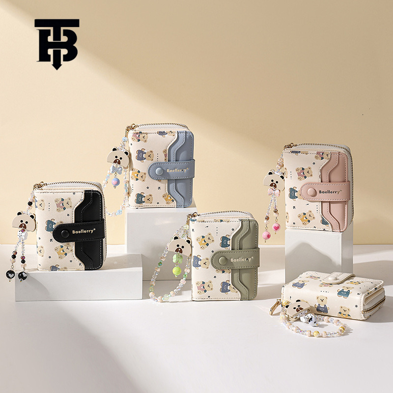 TB BHULAMTE Free Shipping New Designer Bag Women's Short Wallet Ins Style Cute Bear Print Multi Card Slot Zipper Coin Wallet Women's Card