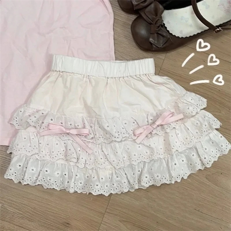 Sweet Cute Lace Cake Skirt Kawaii Lolita Japanese Mini Layered Ruffles Skirts Y2k Harajuku Casual Women Summer Skirts 250318