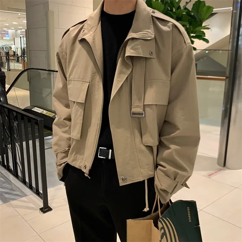Mens Spring Autumn Style Korean Japanese Version Loose Fit Trendy Lapel Vintage Cropped Work Jacket Top Casual Scene 250121