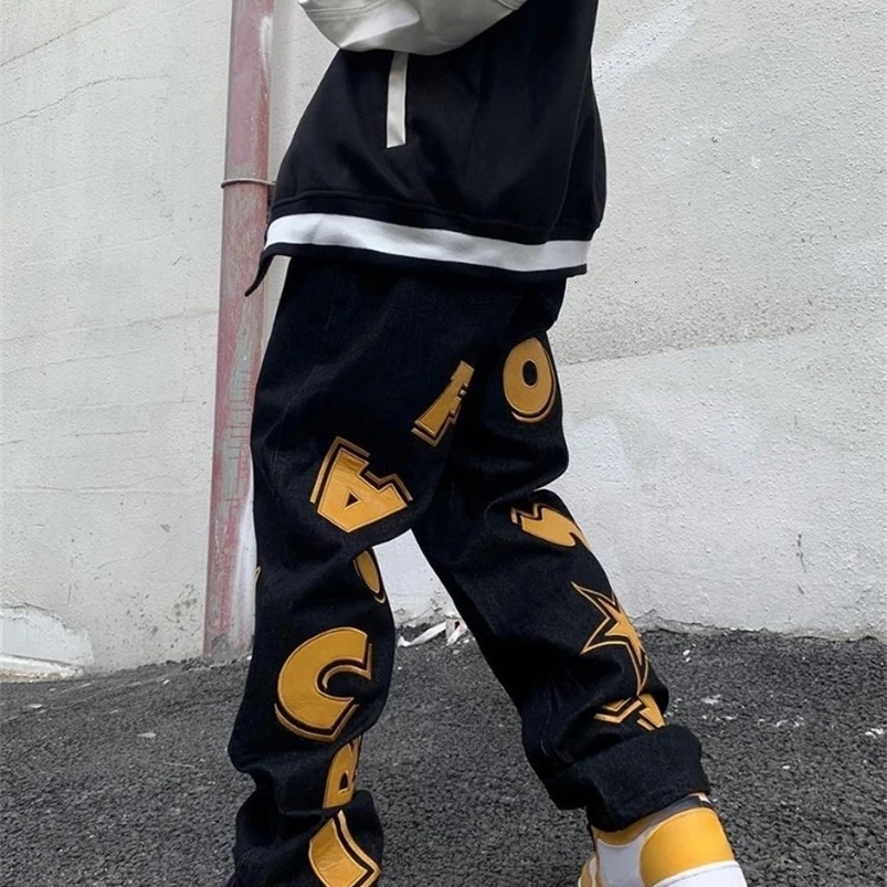 Trousers Straight Man Cowboy Pants with Print Mens Jeans Hip Hop Star Cotton Trend Stacked 90s Streetwear Y2k Vintage Kpop 240819