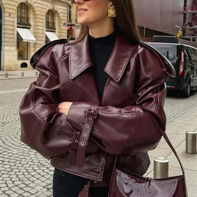 Casual Street Leather Jacket Women Solid Lapel Long Sleeved Belt Crop Female Coats Autumn Y2k Fashion Loose Pu Outwear Lady 240914