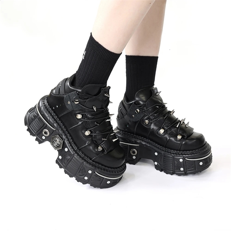 punk style womens shoes shoelaces heel height 6CM platform shoes womens Gothic ankle stone boots metal decoration womens sports shoes 240926bj