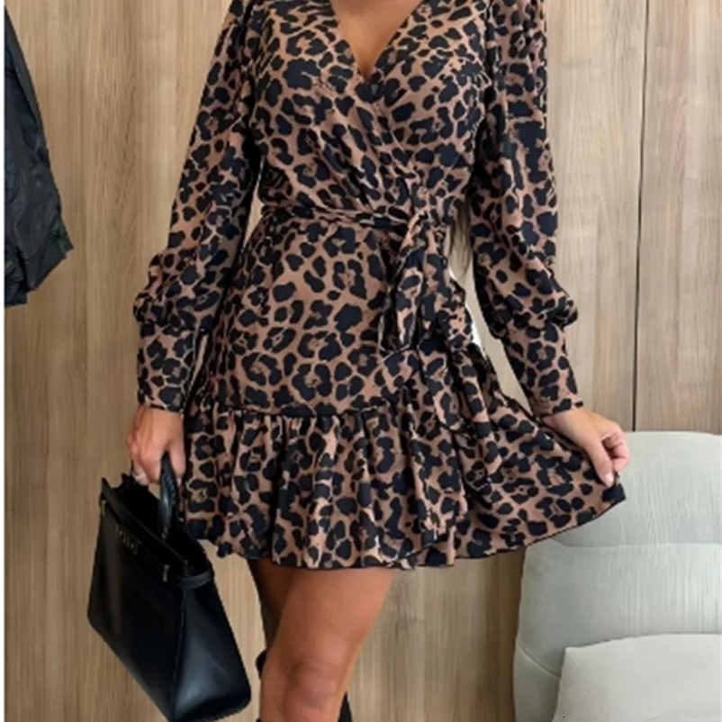 Womens leopard print dress V-neck lace bubble long sleeved sexy dress elegant dating autumn mini dress250425bj