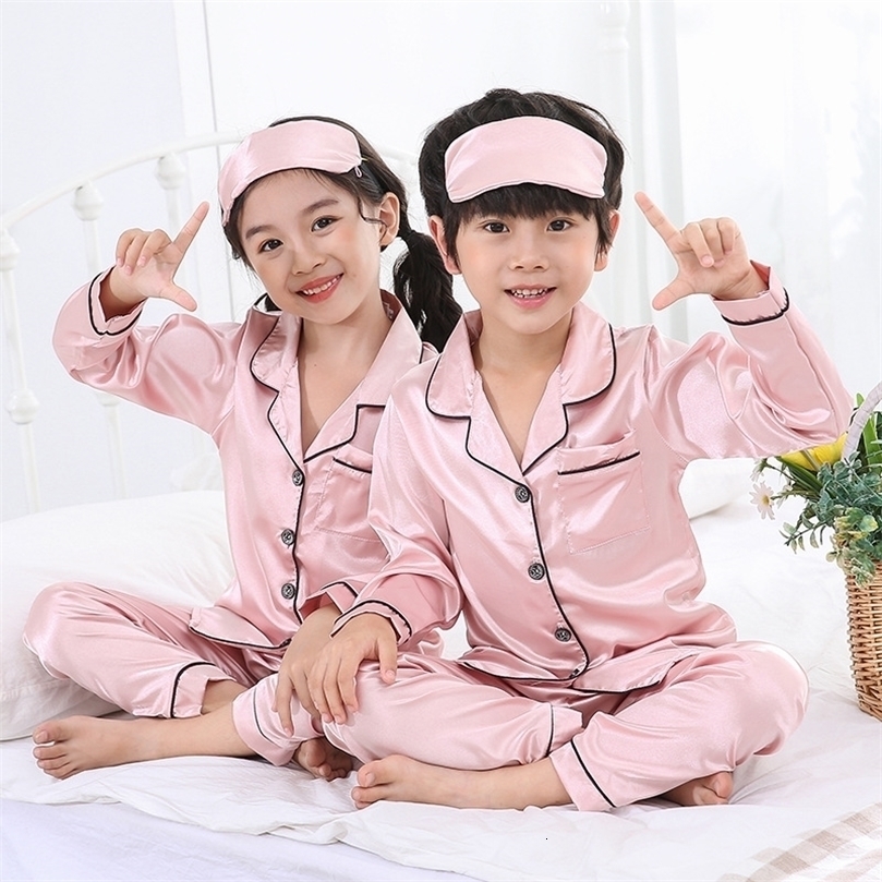Boys Girls Silk Stain Pajamas Baby Autumn Spring Long Sleeve Silk Sleepwear Set Solid Color Comfort Girl Boy Nightwear Clothing 220426