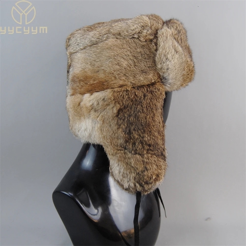Mens Caps Warm Natural Rabbit Fur Bomber Hat With Earflaps Winter Unisex Warm Russian Ushanka Hat Real Rabbit Fur Hats 240715