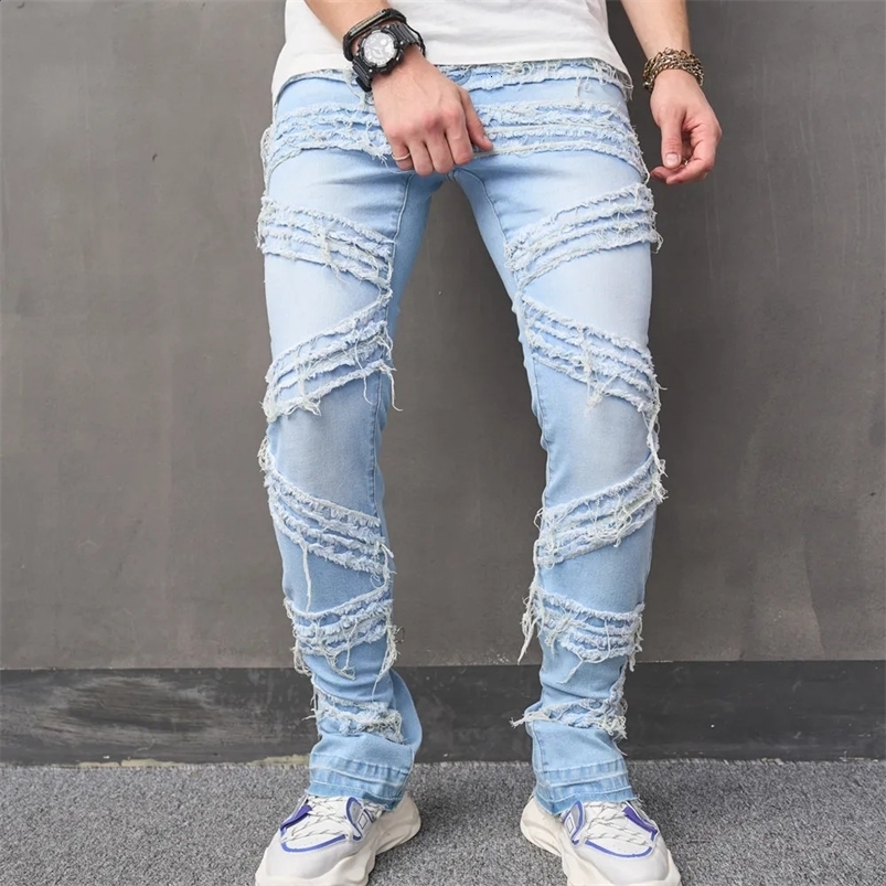 Streetwear Men Elegante motociclista giunti sottili jeans pantaloni hip hop impilati maschio solido jogging pantaloni in denim dritto 240819