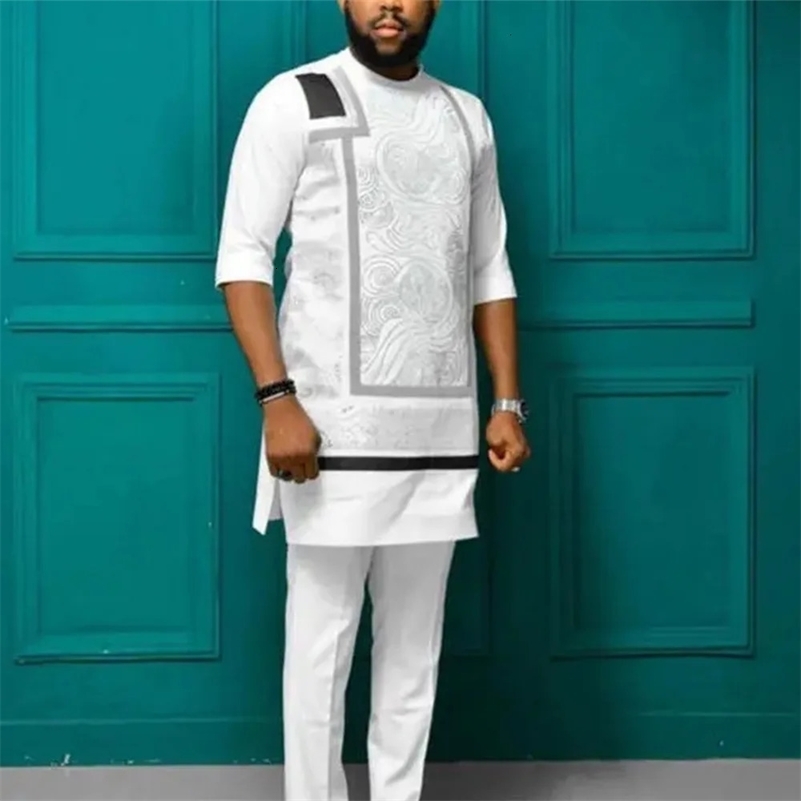 African Summer Two Pieces Set Men Round Collar Print Shirt Pants Suit Africa Arab Traditional Ethnic Party Slim Outfits 250418