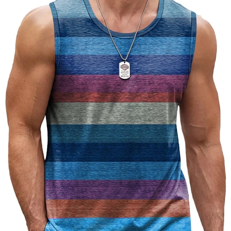 Retro striped graphic tank top mens fashionable casual summer sleeveless 3D printed vest loose crew neck quick drying sports T-shirt 250422