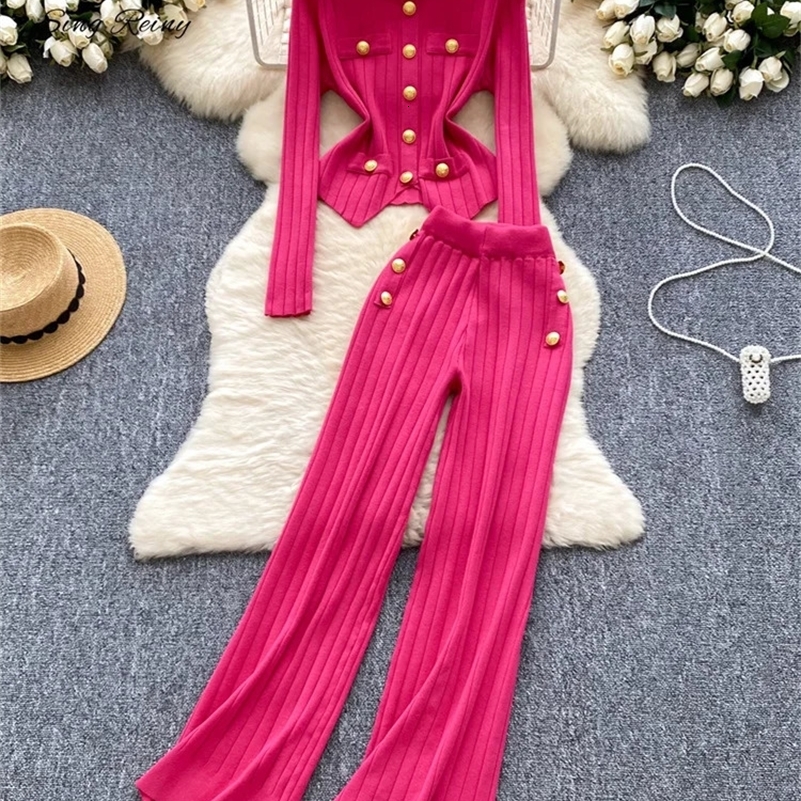 SINGREINY Fashion OL Winter Suits Women Long Sleeves Chic Buttons PulloversElastic Long Pants Vintage Sweater Two Pieces Sets 250305