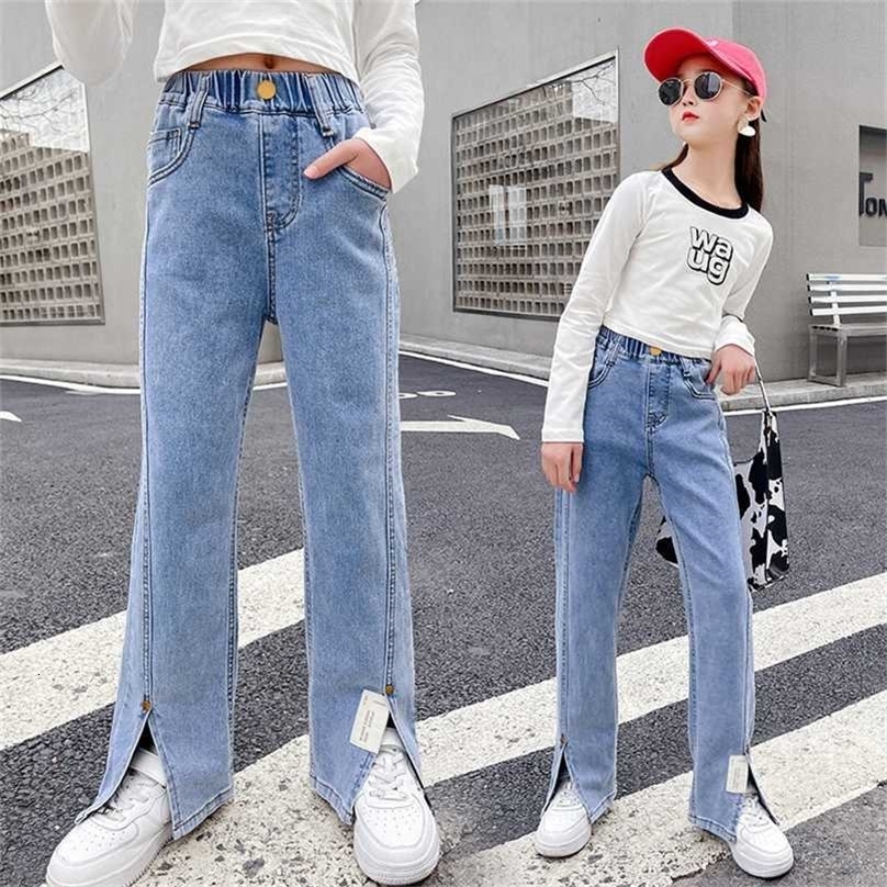 Spring And Summer Kids Jeans for Girls Casual Straight Solid Color Blue Small Split Children Elastic Waist Korean Style Trousers 211102