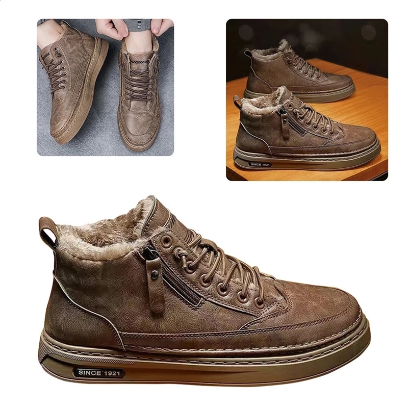 PU leather warm plush shoes waterproof short snow boots lightweight and comfortable mens thick boots for outdoor travel 240923bj