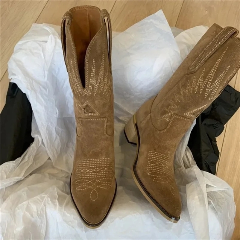 Womens Western Boots 2024 Autumn Winter Embroidered Flowers Womens Ankle Boots Fashion Womens Shoes Pointed Toe Cowboy Retro Botas 240914bj