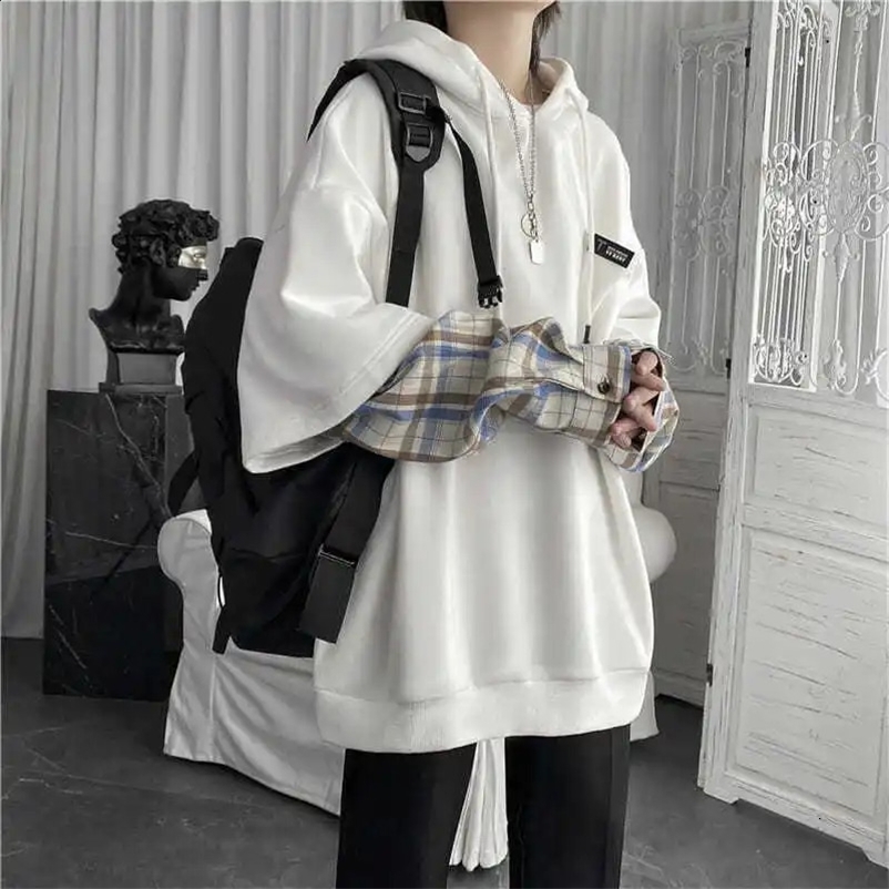 Two Piece Plaid Patchwork Black and White Oversized Harajuku Korean Fashion Casual Hoodie Long Sleeve Autumn Mens Sportswear 241205