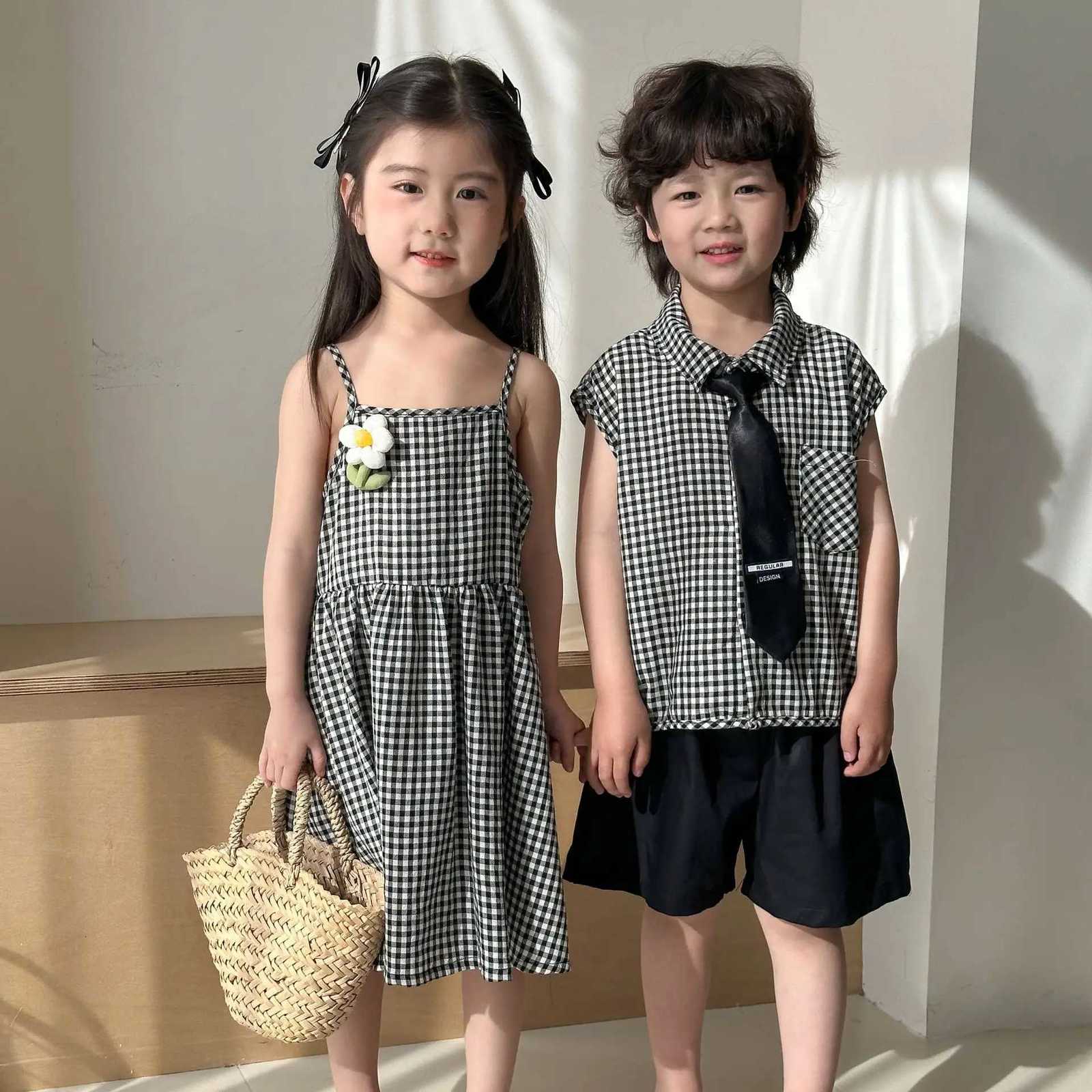 Summer Korean Style Brother Sister Plaid Outfits Boys Shirts and Shorts Sets Girls Suspender Dress Kids Clothes X250923