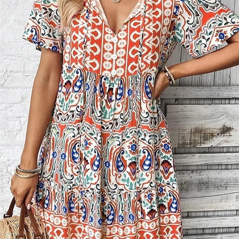 Fashion Elegant Party Dress Women Boho Print V Neck Short Sleeve Retro Floral Dresses For Women Summer Casual Loose Beach Dress 250322