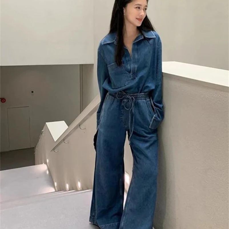 Womens Cowboy 2-piece Long Sleeve Zipper Jacket High Waist Wide Leg Jeans Set 2024 Spring Casual Loose Womens Set 241206bj