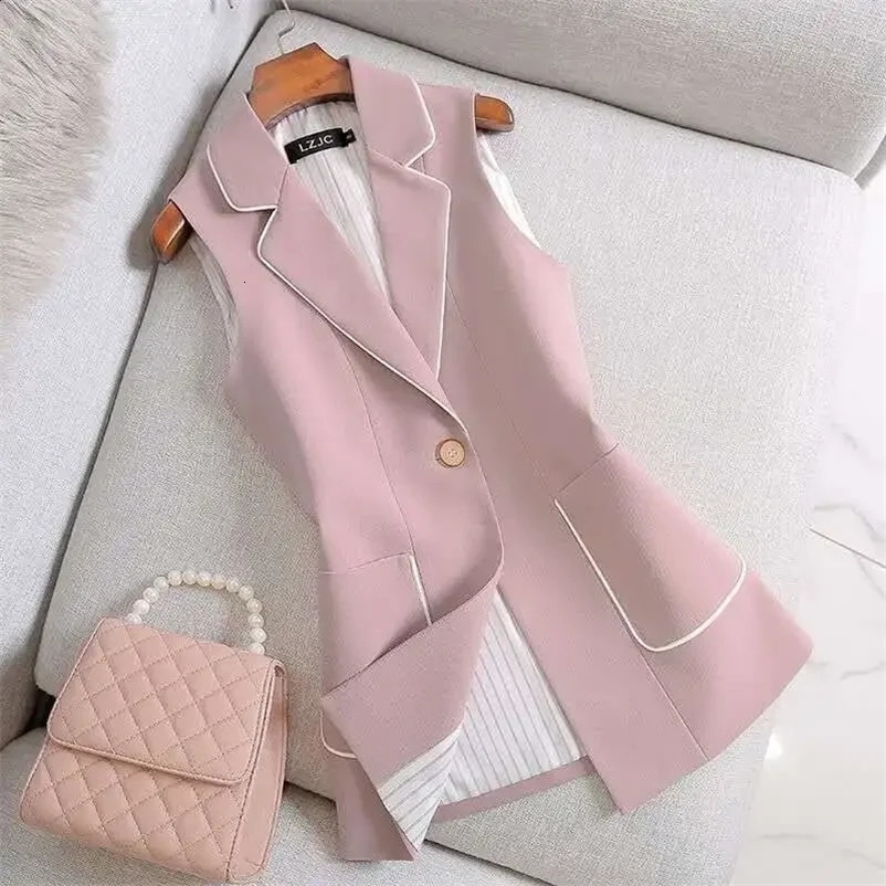 Woman Jacket Vest Autumn Pink Suit Vest Womens White Stripe Coat Professional Large Size Chaleco Mujer 240823