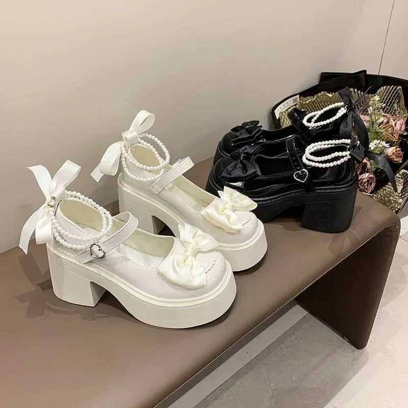 Womens High Heels 2024 High Quality Square Heels Mary Jane Bow Round Toe Buckle Dress Party Womens High Heels Chaussure Femme Z250923