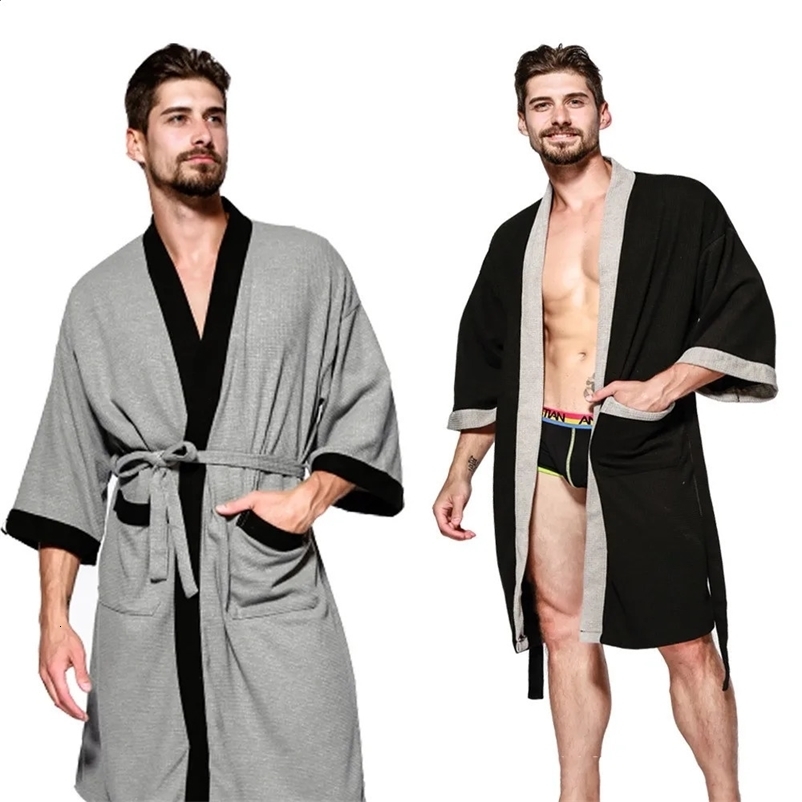Cotton Waffle Men Kimono Bathrobe Gown Sleepwear Couple Black Robe Nightwear Loose Casual Sauna Yukata Spring Summer Home Wear 240826