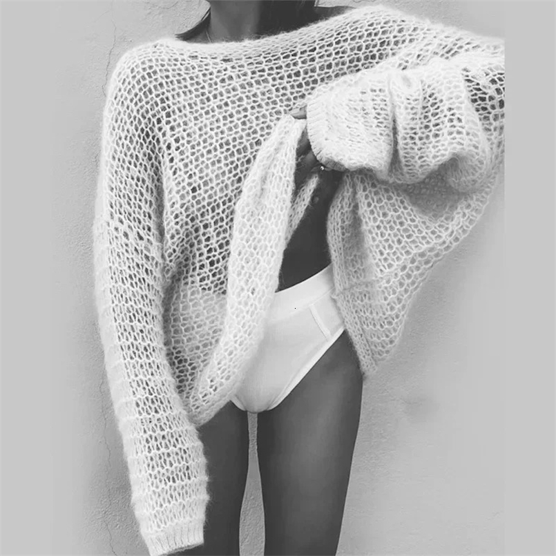 Autumn Thin Solid Color Loose Pullover Sweater Hollow Out Slouchy Sexy Outerwear Streetwear Women Knit Sweaters 250314