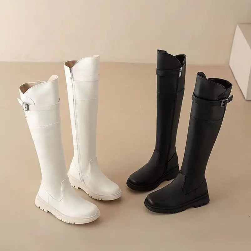 Botas altas Girls Slim Hebilla Longitud de la rodilla de la rodilla Big Big Flat Soft Knight Boots Padre Child Bots26-39 241220