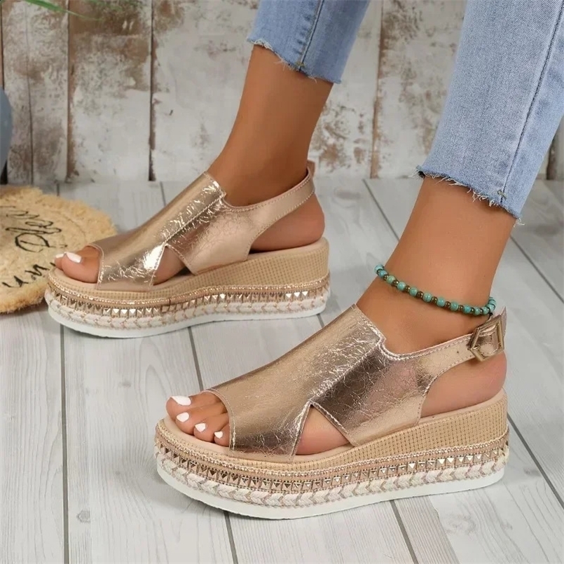 Selling Womens Shoes Fashionable Fish Mouth Sandals Buckle Casual Sandals Solid Color Wedge Shoes Versatile Thick Soles 241015
