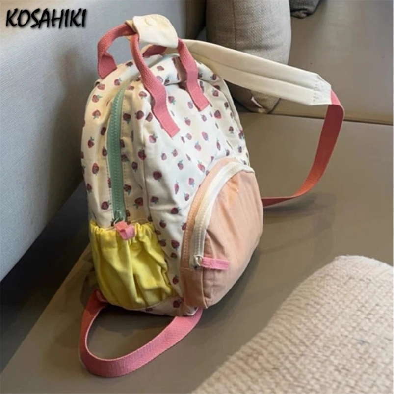 Girls Kawaii Sweet Strawberry Print Backpack Women Students Y2k Aesthetic Fashion Schoolbags Contrast Color Patchwork Backpacks 240620