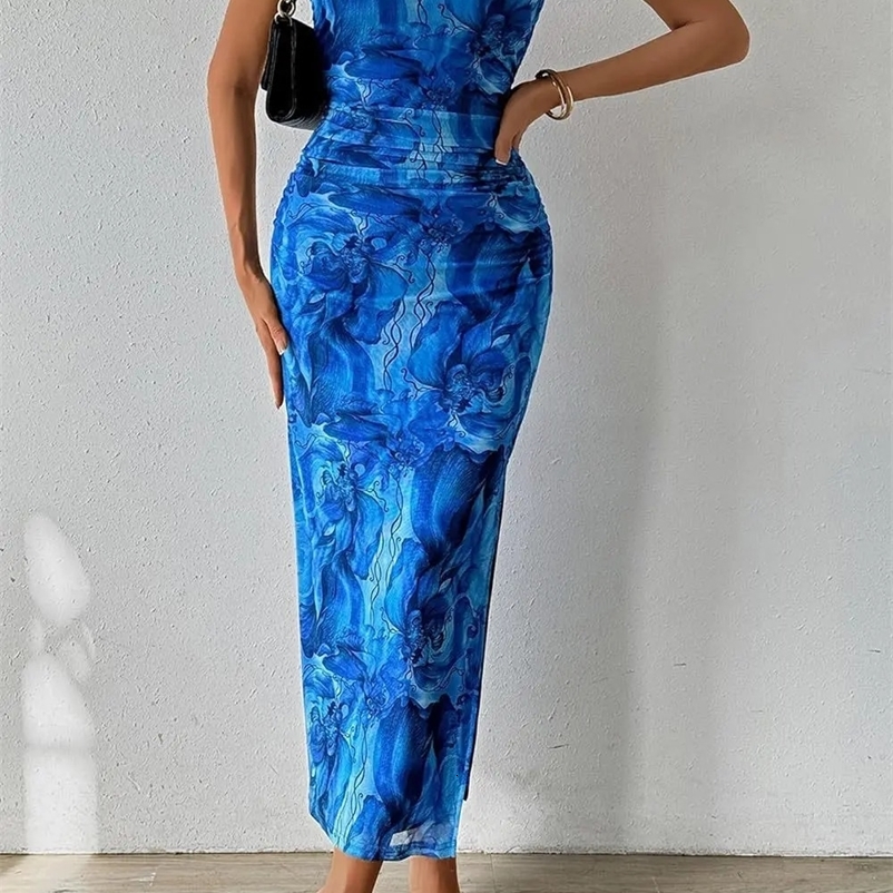 Summer womens sexy strapless hem sewn sleeveless printed dress250425bj