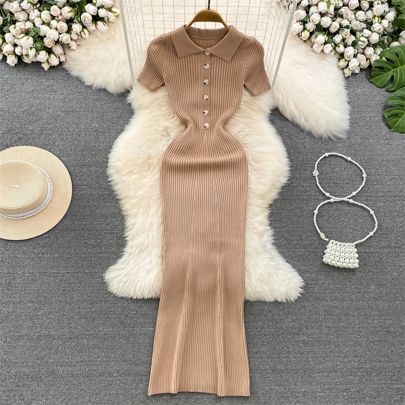 REALEFT Summer Womens Polo Knitted Long Dresses Solid Elegant Short Sleeve Buttons Bodycon Wrap Dress Female 240828
