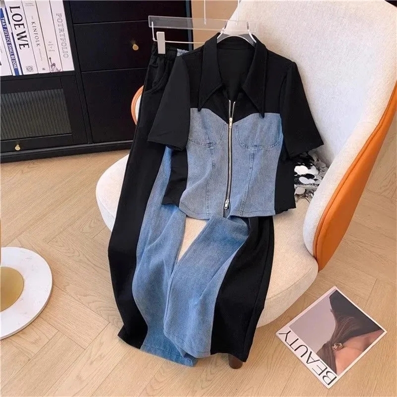 Womens Trouser Set Spring and Autumn Vacation Two piece Cowboy Coat Wide Leg Pants Two piece Womens Casual Sports Set 4XL 241206bj