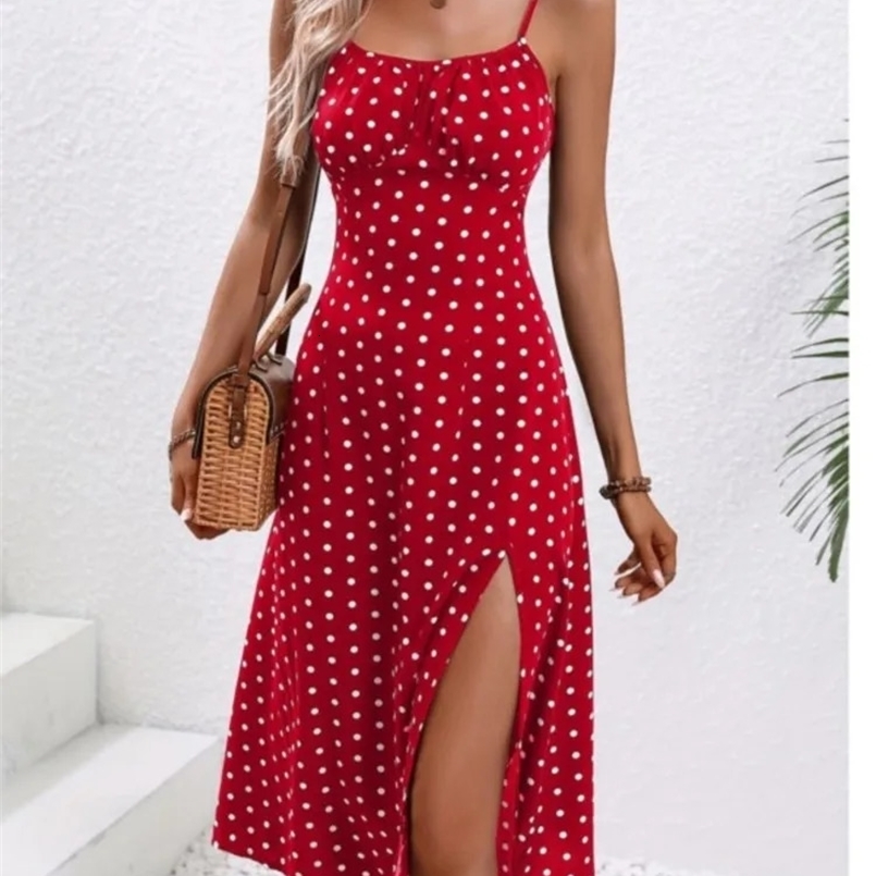 Summer Sexy Spaghetti Straps Dress Women Fashion Polka Dot Print Sleeveless Slit Dress Boho Casual Beach Midi Dresses 250422