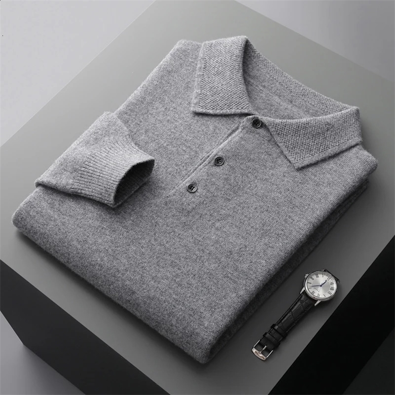 100% merino wool mens lapel pullover long sleeve POLO neck sweater loose top business casual knit bottoming shirt 241116